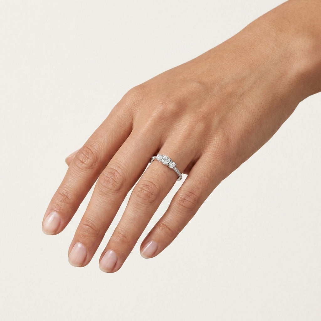 Classic Round Diamond Three-Stone Pave Band Ring worn by model - Vicenza Miami