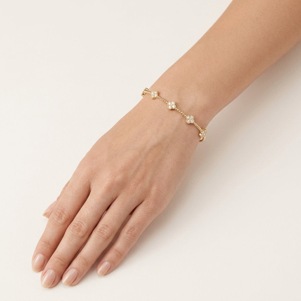 Petite Diamond Clover Station Bangle worn by model - Vicenza Miami