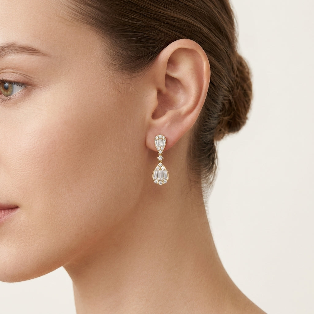 Baguette Diamond Double Teardrop Drop Earrings worn by model - Vicenza Miami