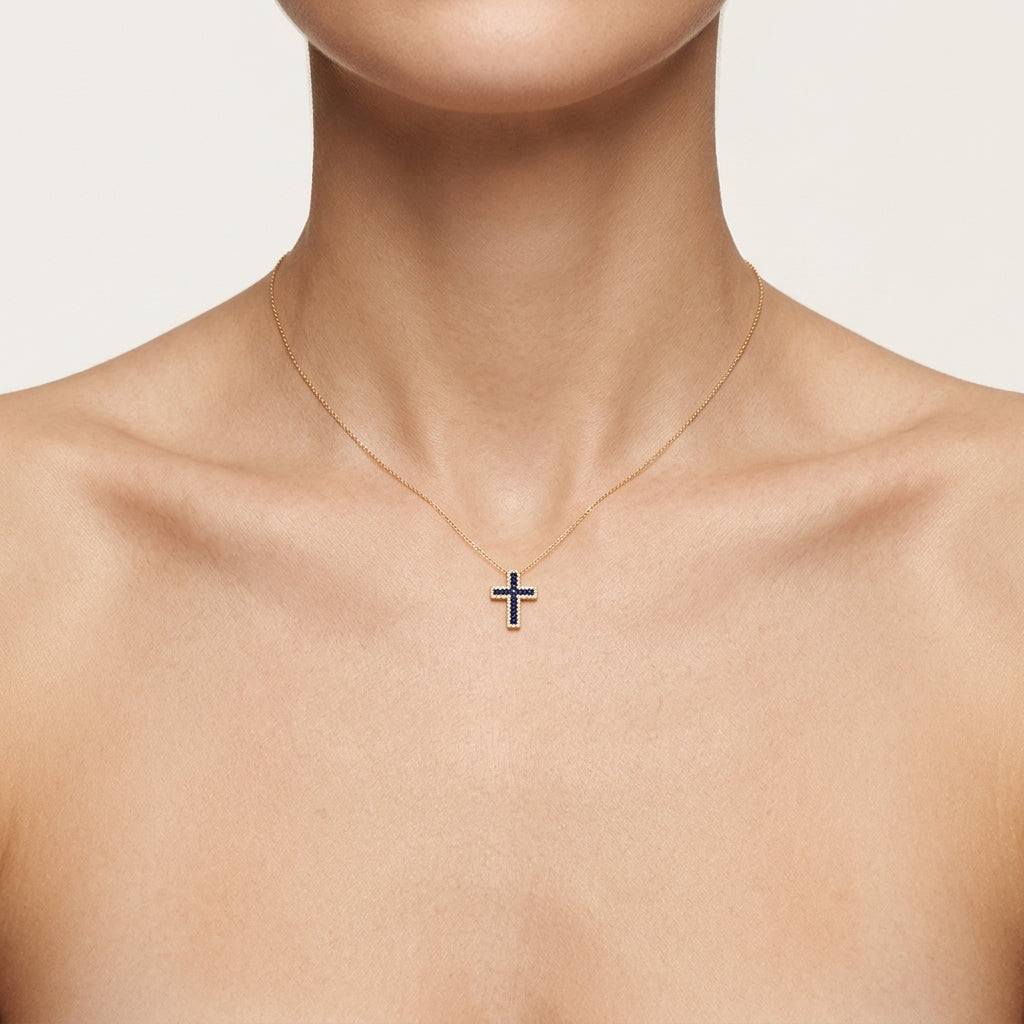 Cross Sapphire & Diamond Pendant worn by model - Vicenza Miami