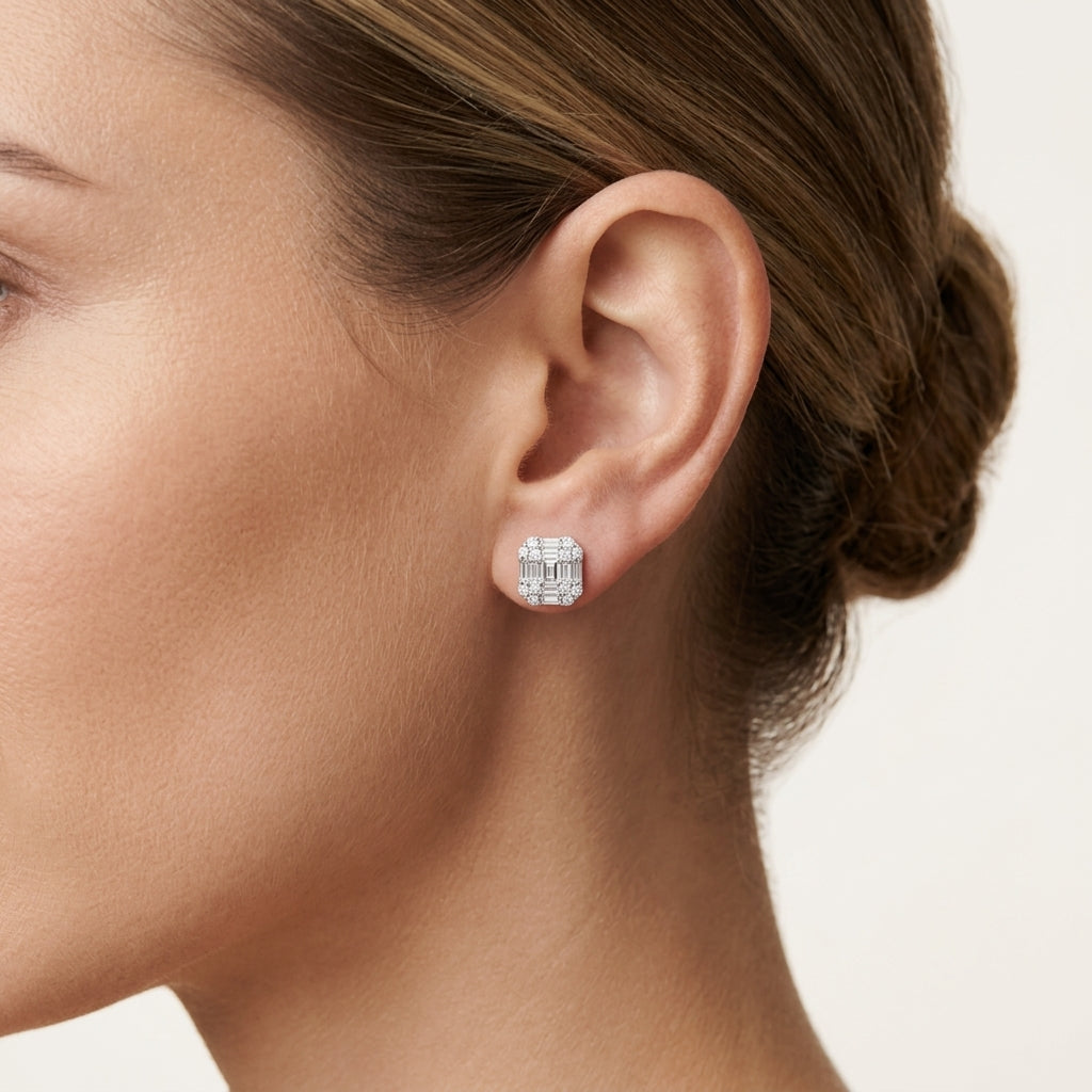 Emerald Cut Diamond Cluster Stud Earrings worn by model - Vicenza Miami