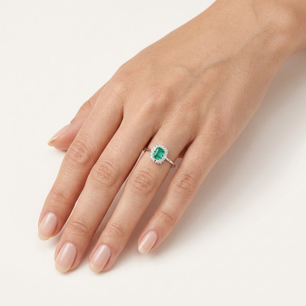 Regal Diamond Ring White Gold Emerald worn by model - Vicenza Miami