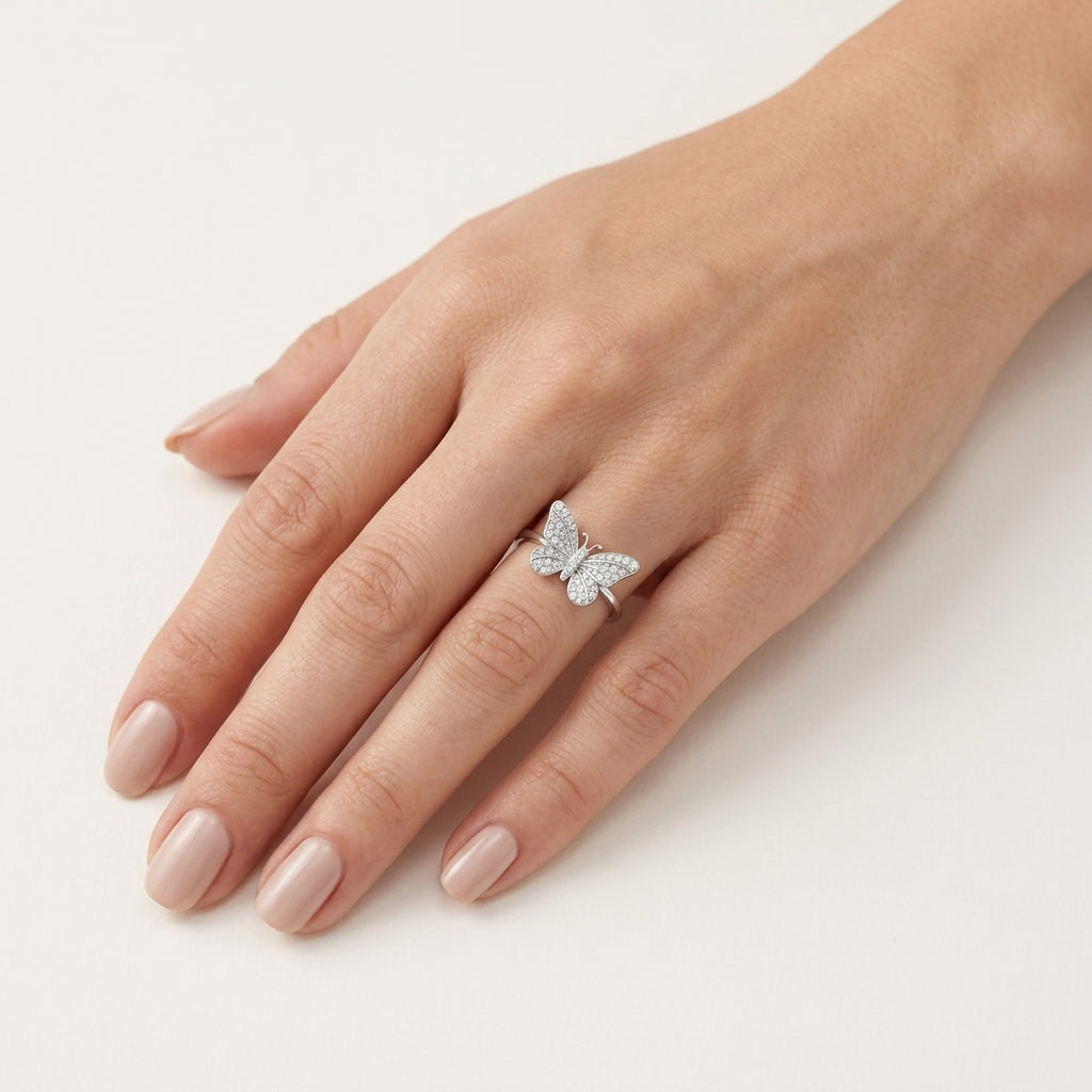 Refined Butterfly Diamond Ring worn by model - Vicenza Miami