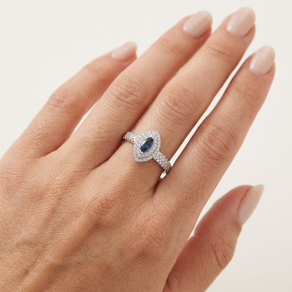 Pristine Blue Sapphire & Diamond Ring worn by model - Vicenza Miami
