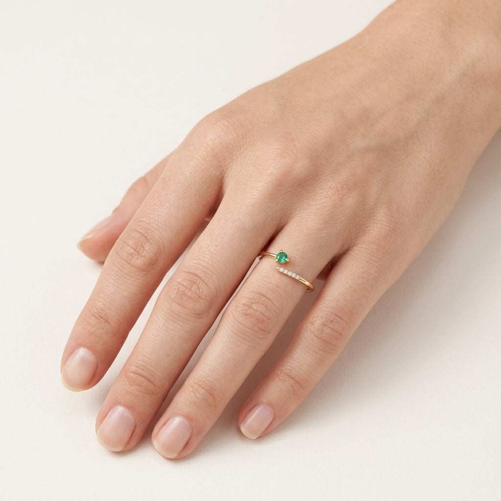 Petite Emerald & Diamond Ring worn by model - Vicenza Miami