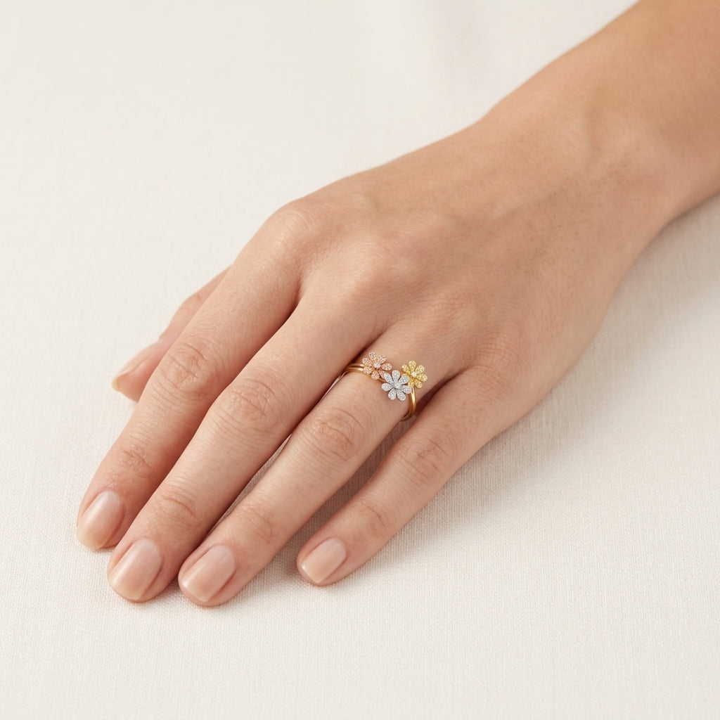 Pristine Flower Diamond Ring worn by model - Vicenza Miami