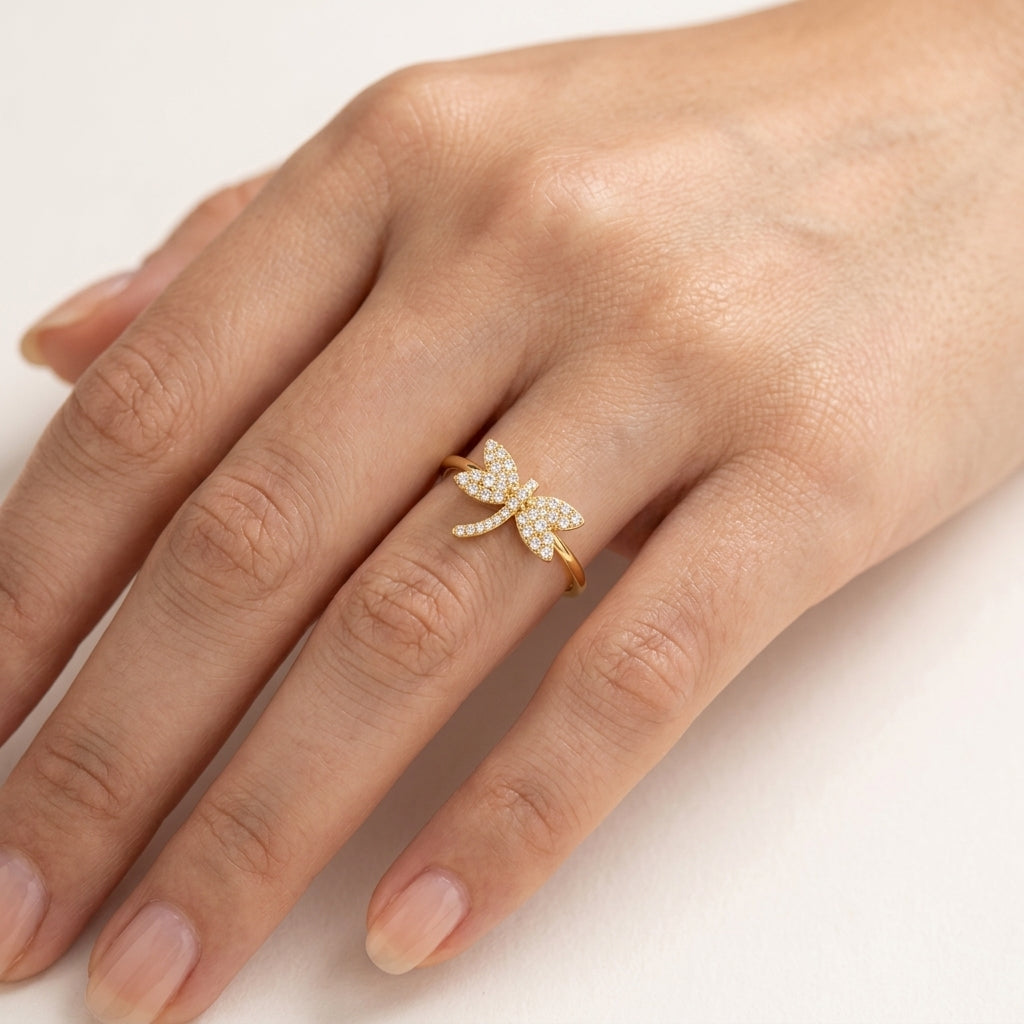 Dragonfly Diamond Ring worn by model - Vicenza Miami