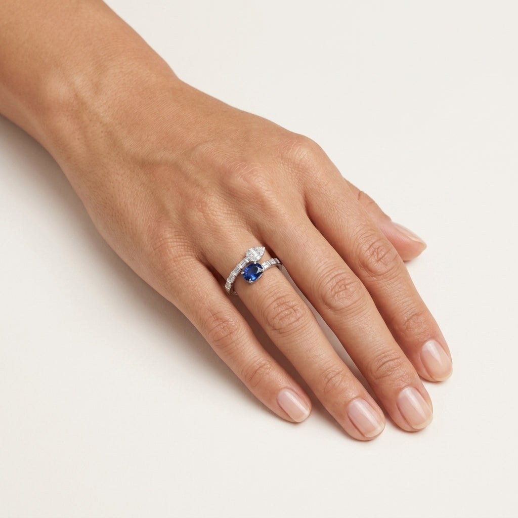 Oval Sapphire Baguette Diamond Bypass Ring worn by model - Vicenza Miami