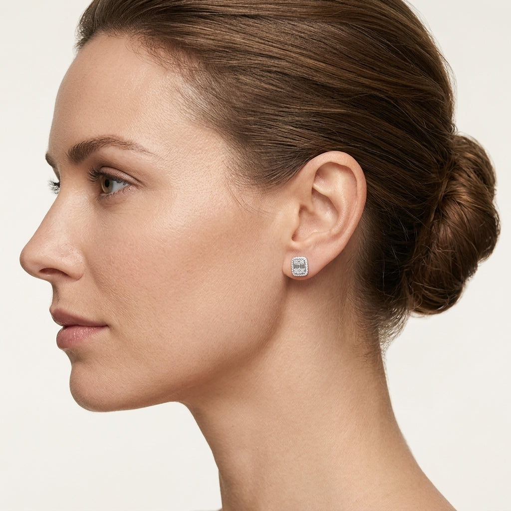 Tanzanite Cushion Baguette Earring worn by model - Vicenza Miami