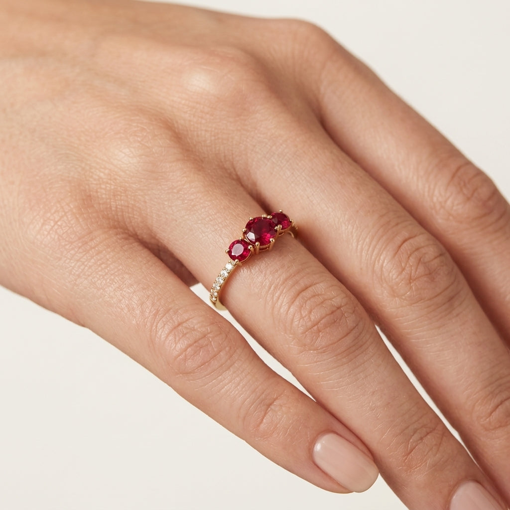 Pristine Diamond & Ruby Ring worn by model - Vicenza Miami