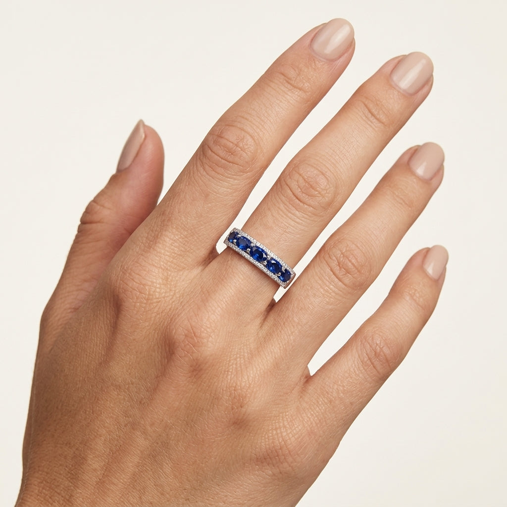 Noble Diamond & Blue Sapphire Ring worn by model - Vicenza Miami