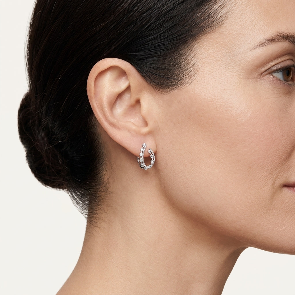 Baguette Diamond Multi-Row Hoop Earrings worn by model - Vicenza Miami
