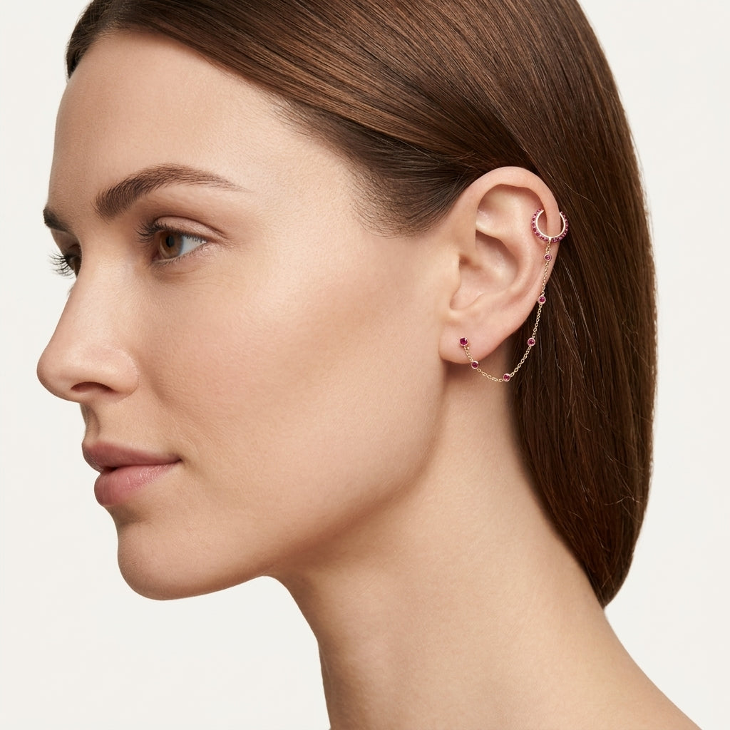 Ruby Arc Drop Chain Earring worn by model - Vicenza Miami