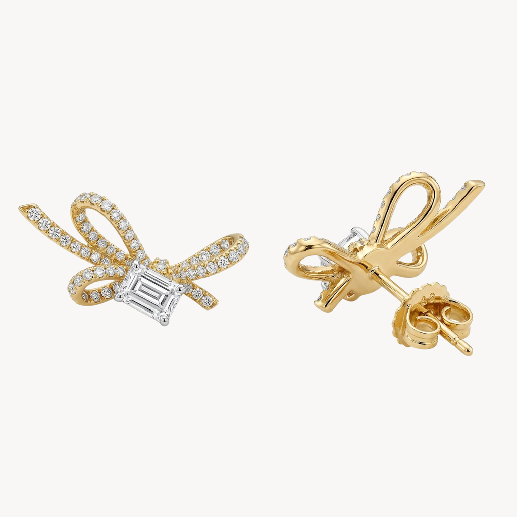 Emerald Cut Diamond Bow Stud Earrings