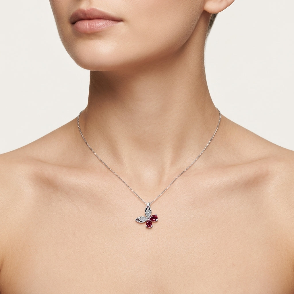 Butterfly Ruby & Diamond Pendant worn by model - Vicenza Miami