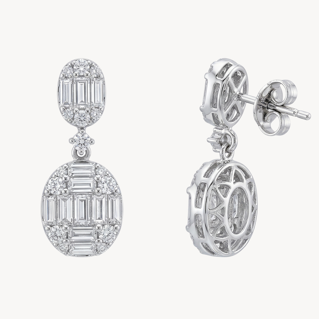 Baguette Diamond Double Oval Drop Earrings