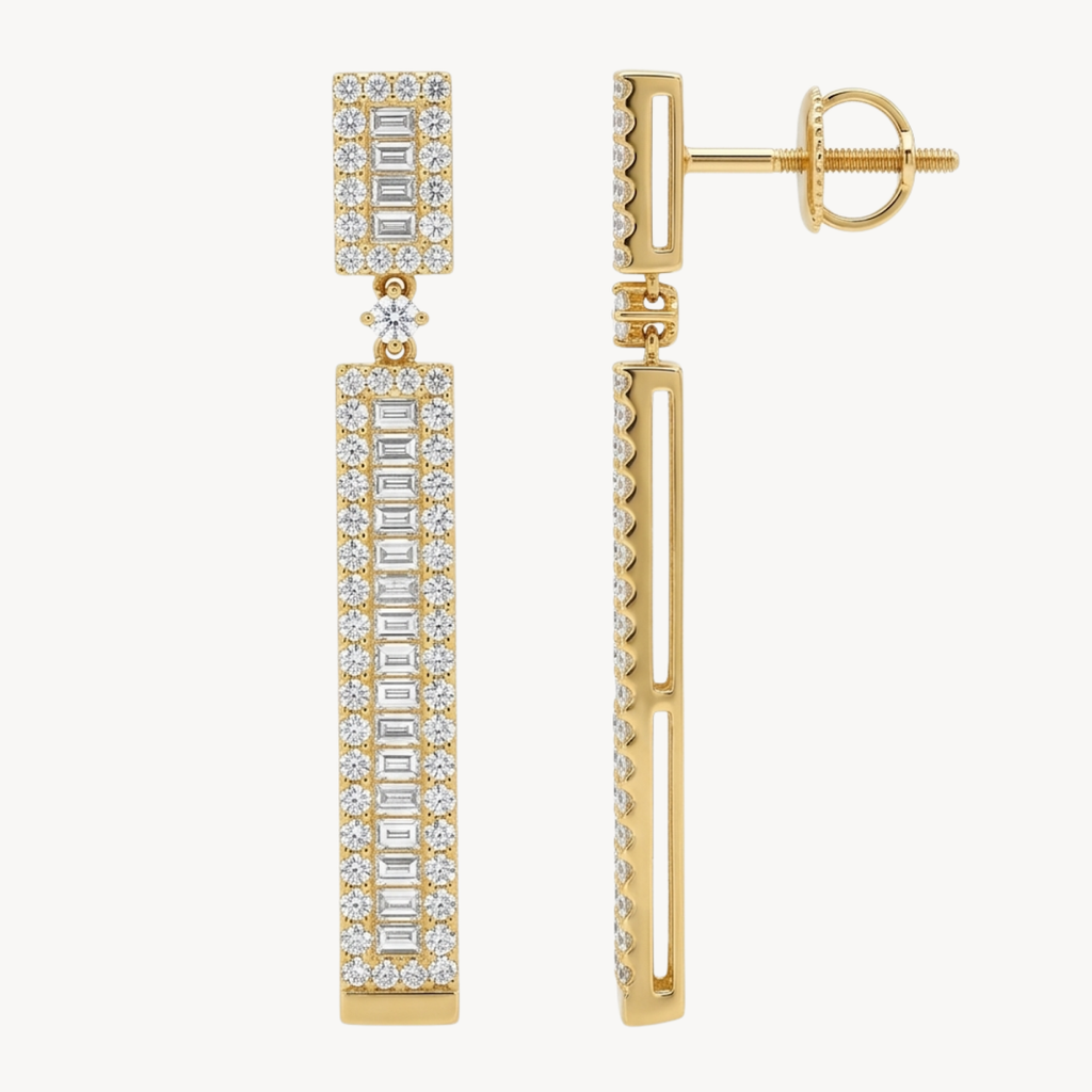 Classic Baguette Diamond Pave Halo Drop Earrings