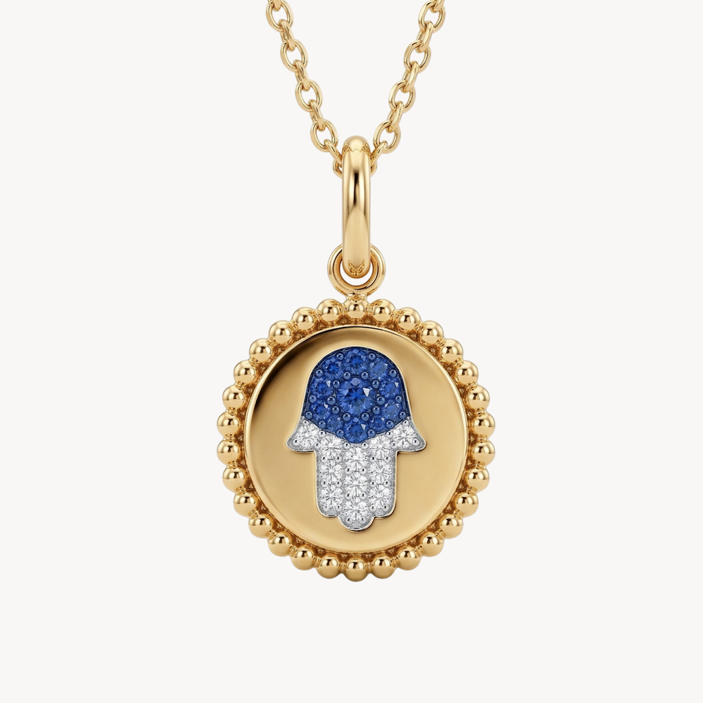 Hamsa Blue Sapphire Diamond Beaded Pendant