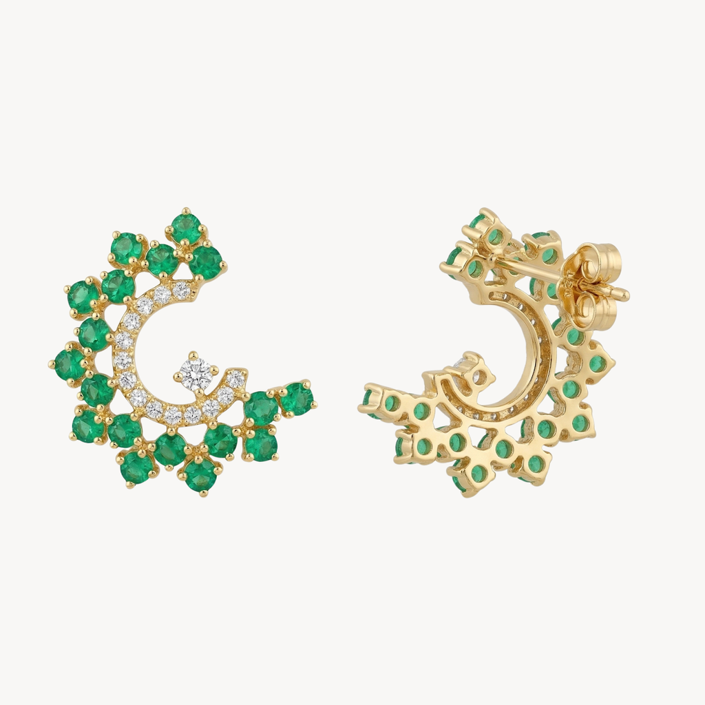 Emerald Diamond Crescent Moon Stud Earrings