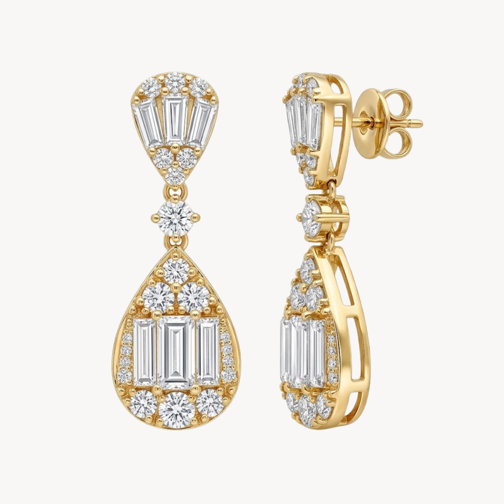 Baguette Diamond Pear Shaped Drop Earrings