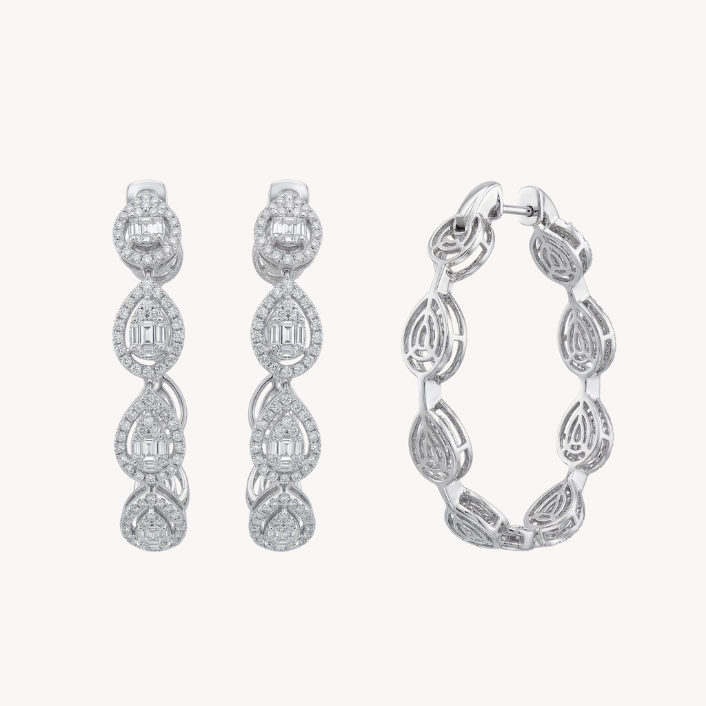 Baguette Diamond Pear Halo Drop Earrings