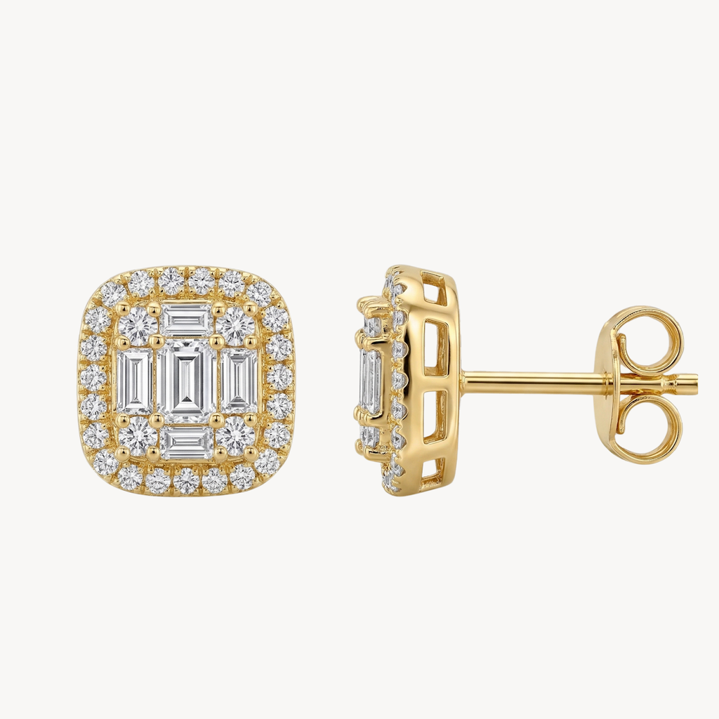 Emerald Cut Diamond Cluster Halo Stud Earrings