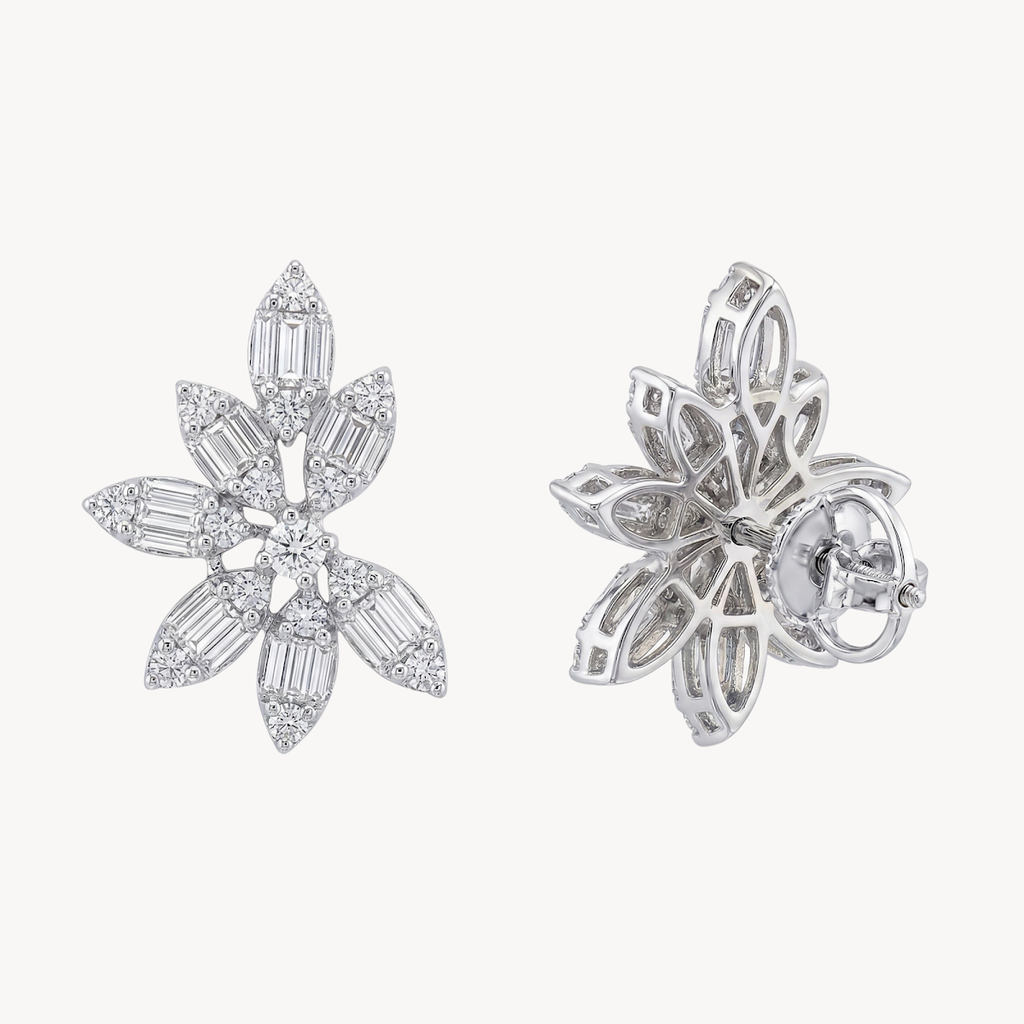 Baguette Diamond Flower Stud Earrings