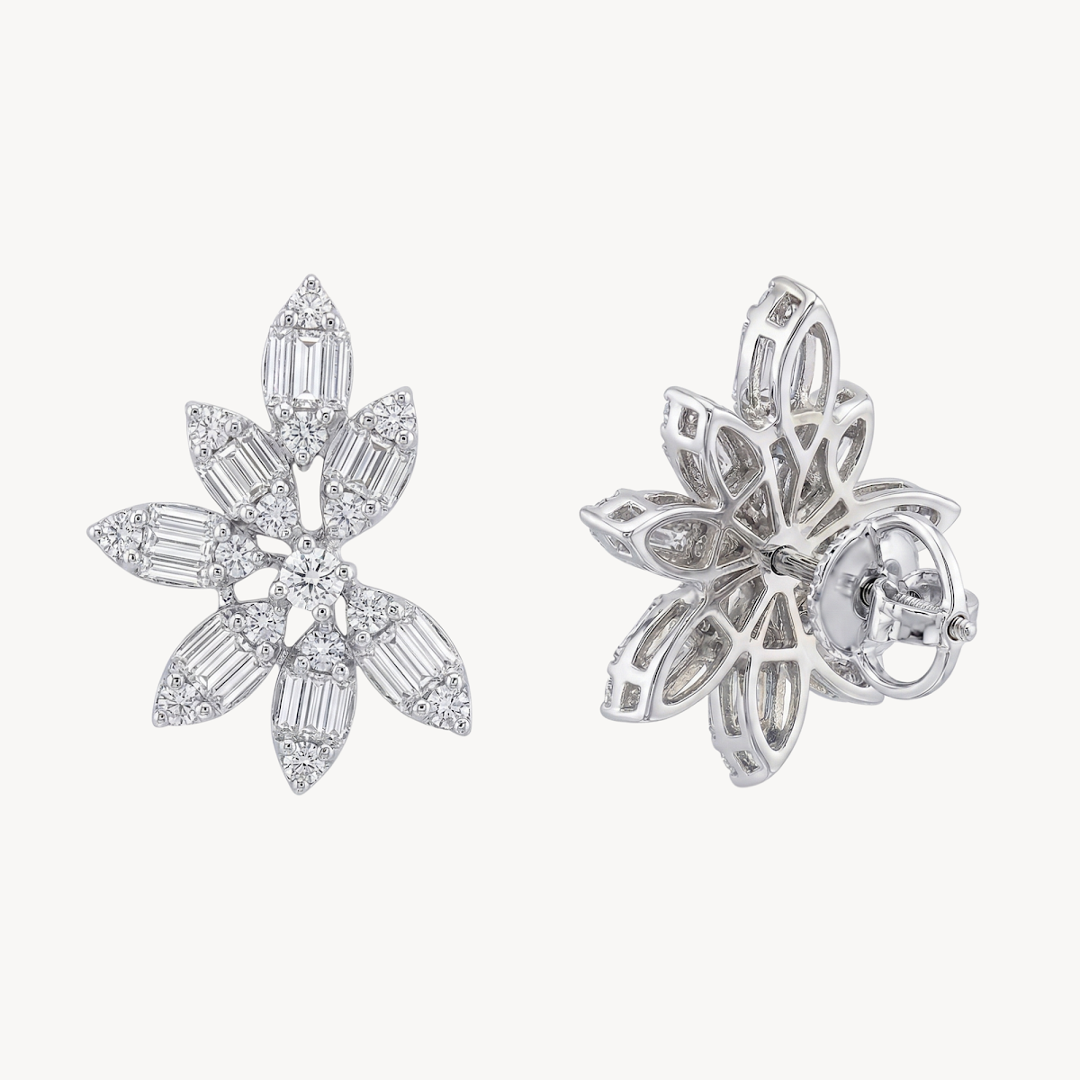 Baguette Diamond Flower Stud Earrings