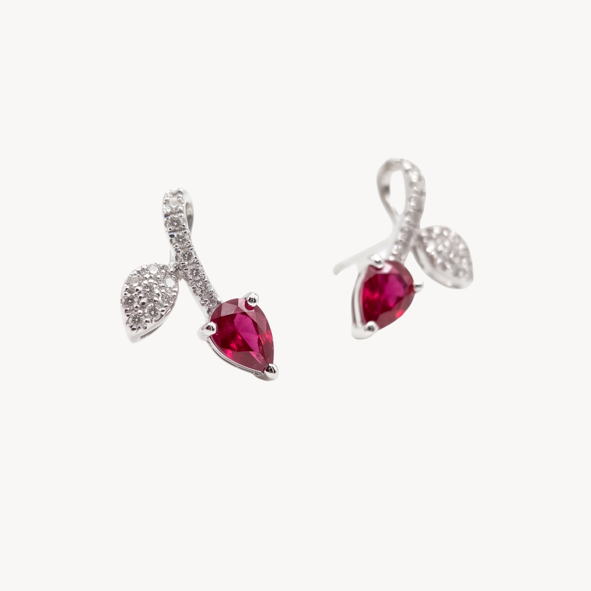 Pear Shaped Ruby Diamond Leaf Earrings