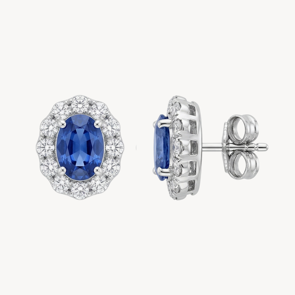 Oval Blue Sapphire Diamond Halo Stud Earrings