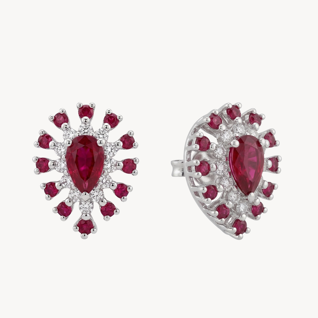Pear Shaped Ruby Diamond Sunburst Stud Earrings