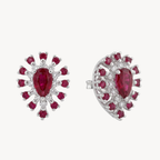 Pear Shaped Ruby Diamond Sunburst Stud Earrings