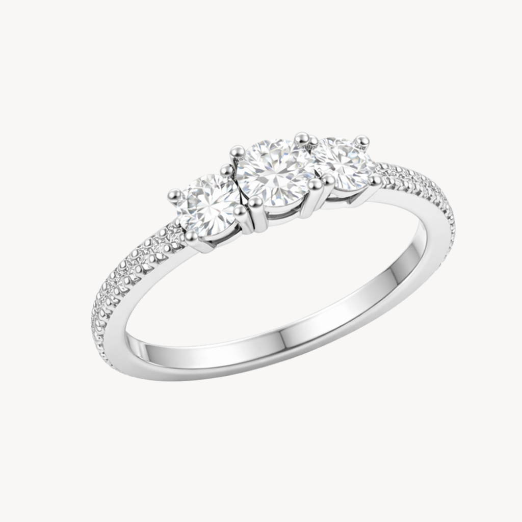 Classic Round Diamond Three-Stone Pave Band Ring