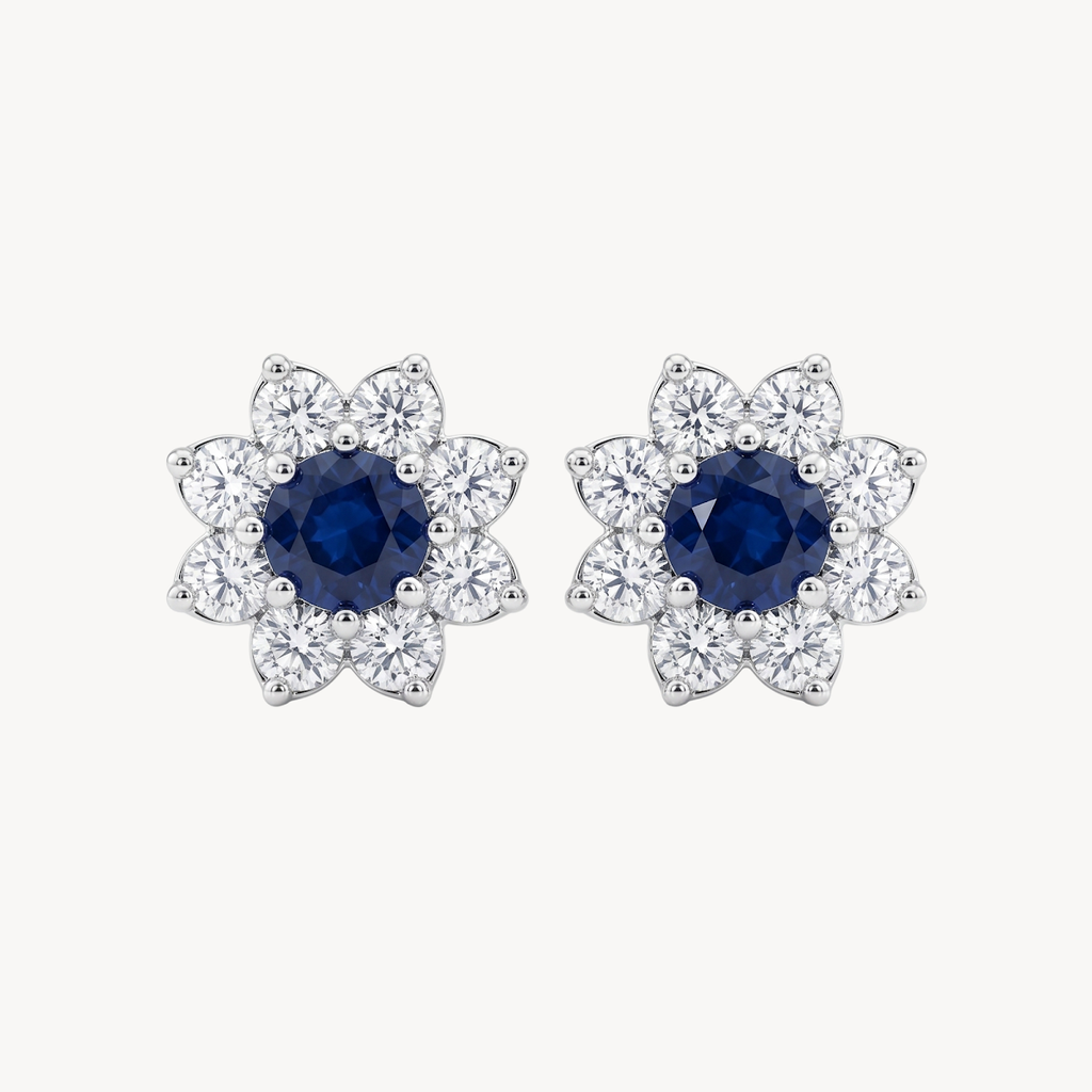 Blue Sapphire Diamond Flower Cluster Stud Earrings