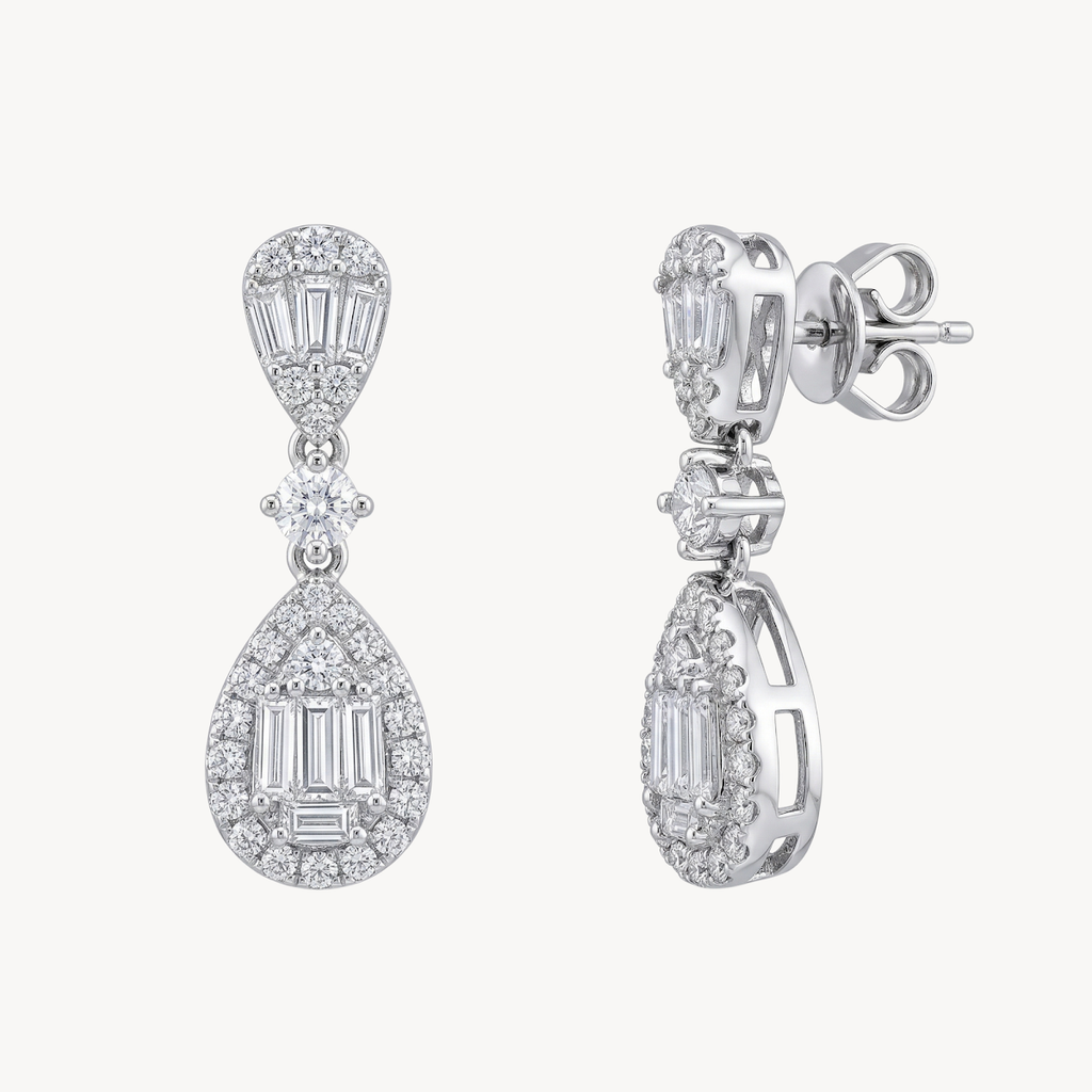 Petite Baguette Diamond Pave Halo Drop Earrings