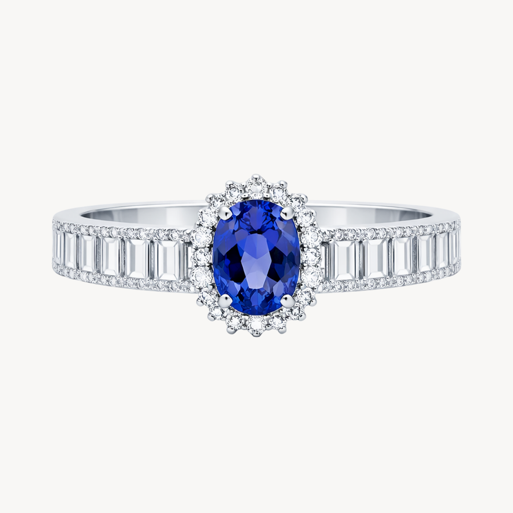 Oval Blue Sapphire Halo Ring with Baguette Diamond Band