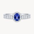 Oval Blue Sapphire Halo Ring with Baguette Diamond Band