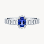 Oval Blue Sapphire Halo Ring with Baguette Diamond Band