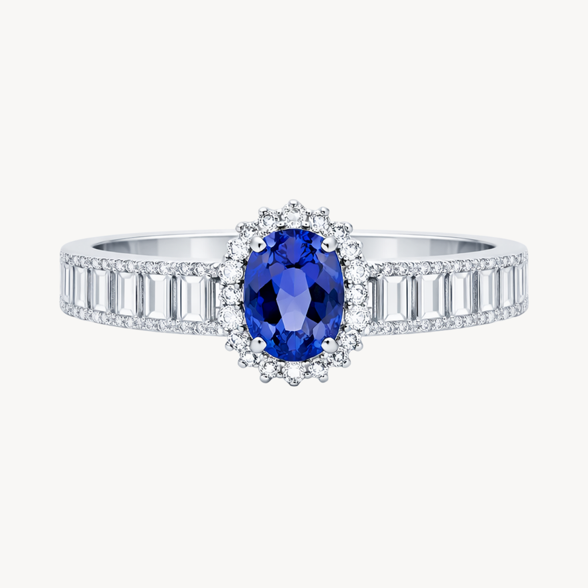 Oval Blue Sapphire Halo Ring with Baguette Diamond Band