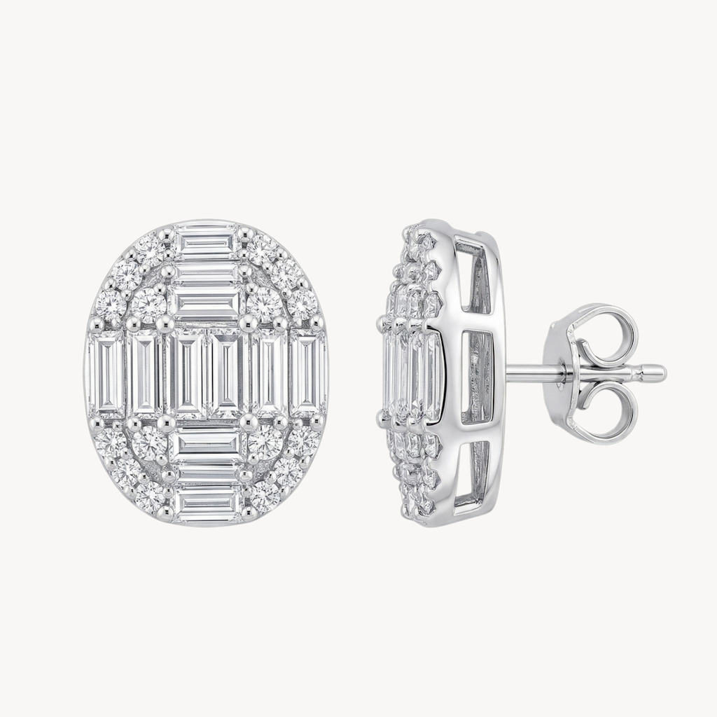 Baguette Diamond Oval Cluster Stud Earrings