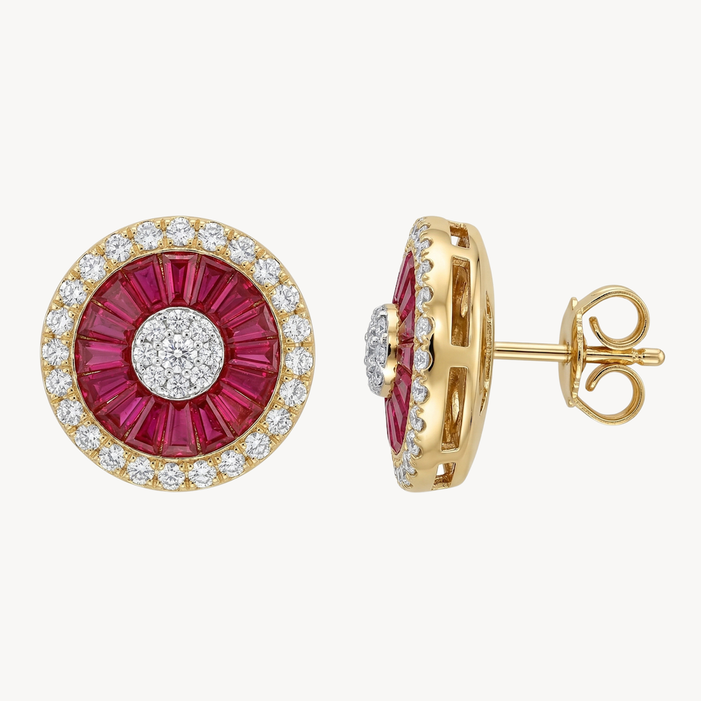 Ruby Baguette Sunburst Diamond Halo Stud Earrings