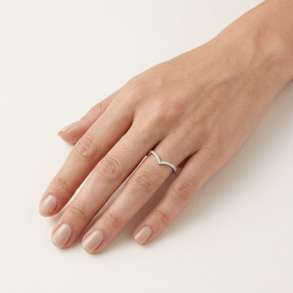 Diamond Chevron Stacking Band worn by model - Vicenza Miami