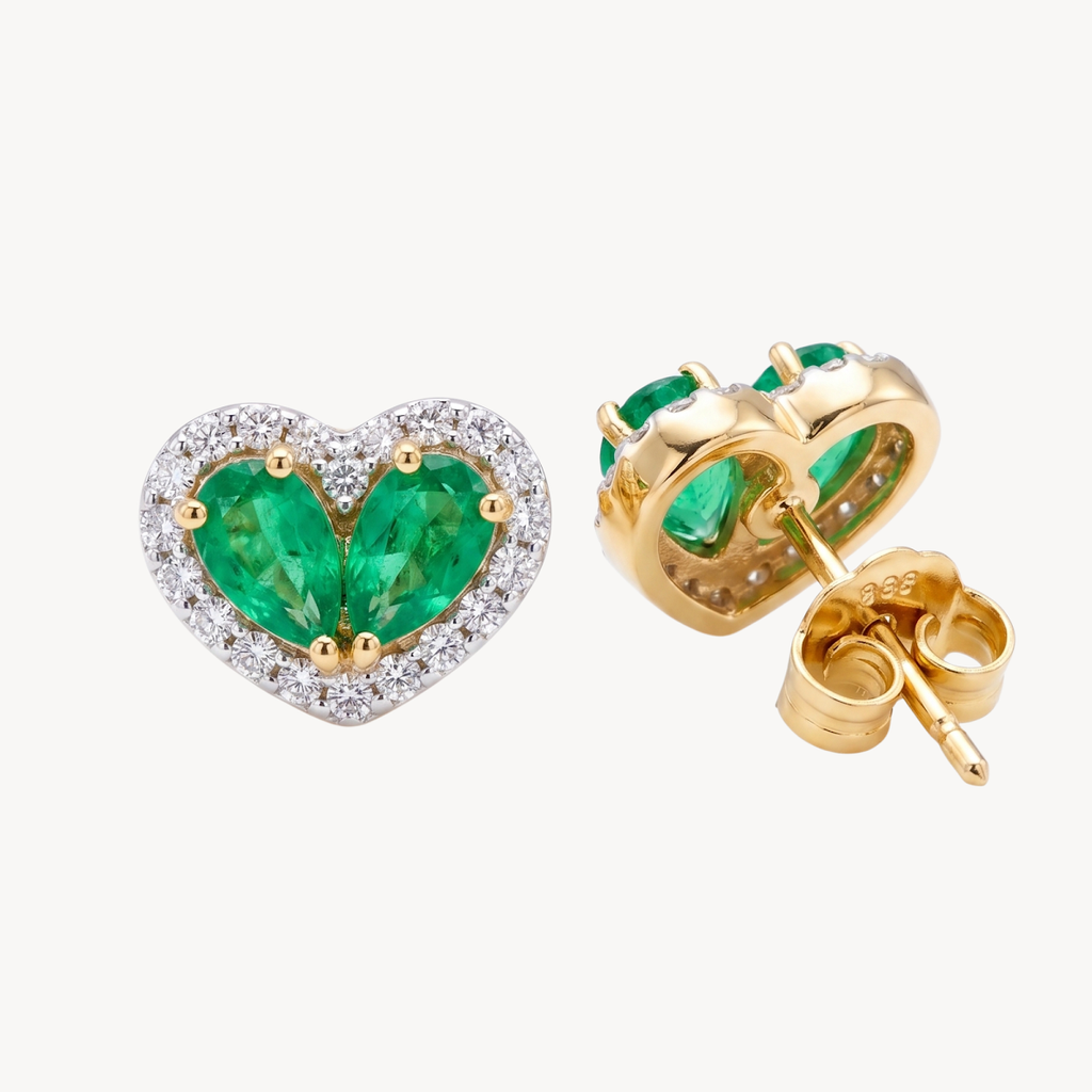 Emerald Heart Diamond Halo Stud Earrings