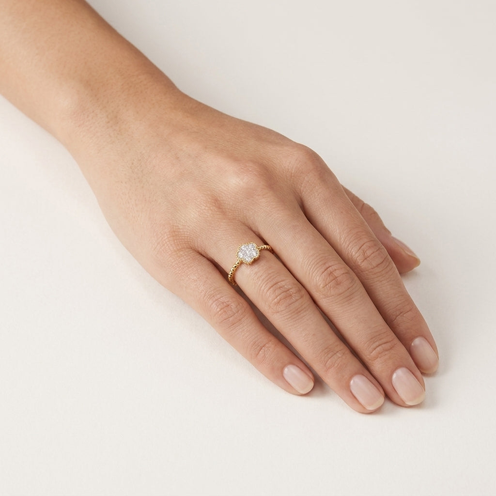 Embellished Diamond Ring Yellow Gold Diamond II worn by model - Vicenza Miami