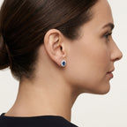 Oval Blue Sapphire Diamond Halo Stud Earrings worn by model - Vicenza Miami
