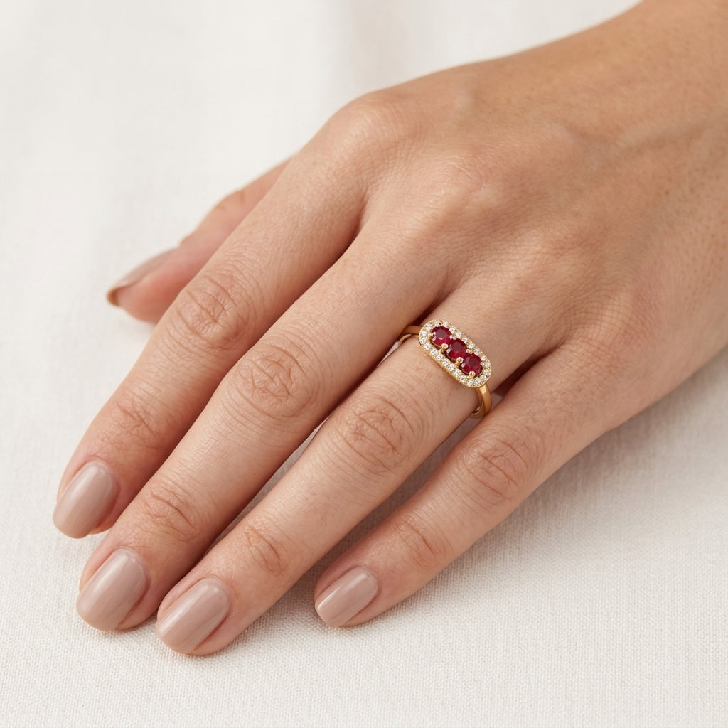 Radiant Diamond & Ruby Ring worn by model - Vicenza Miami