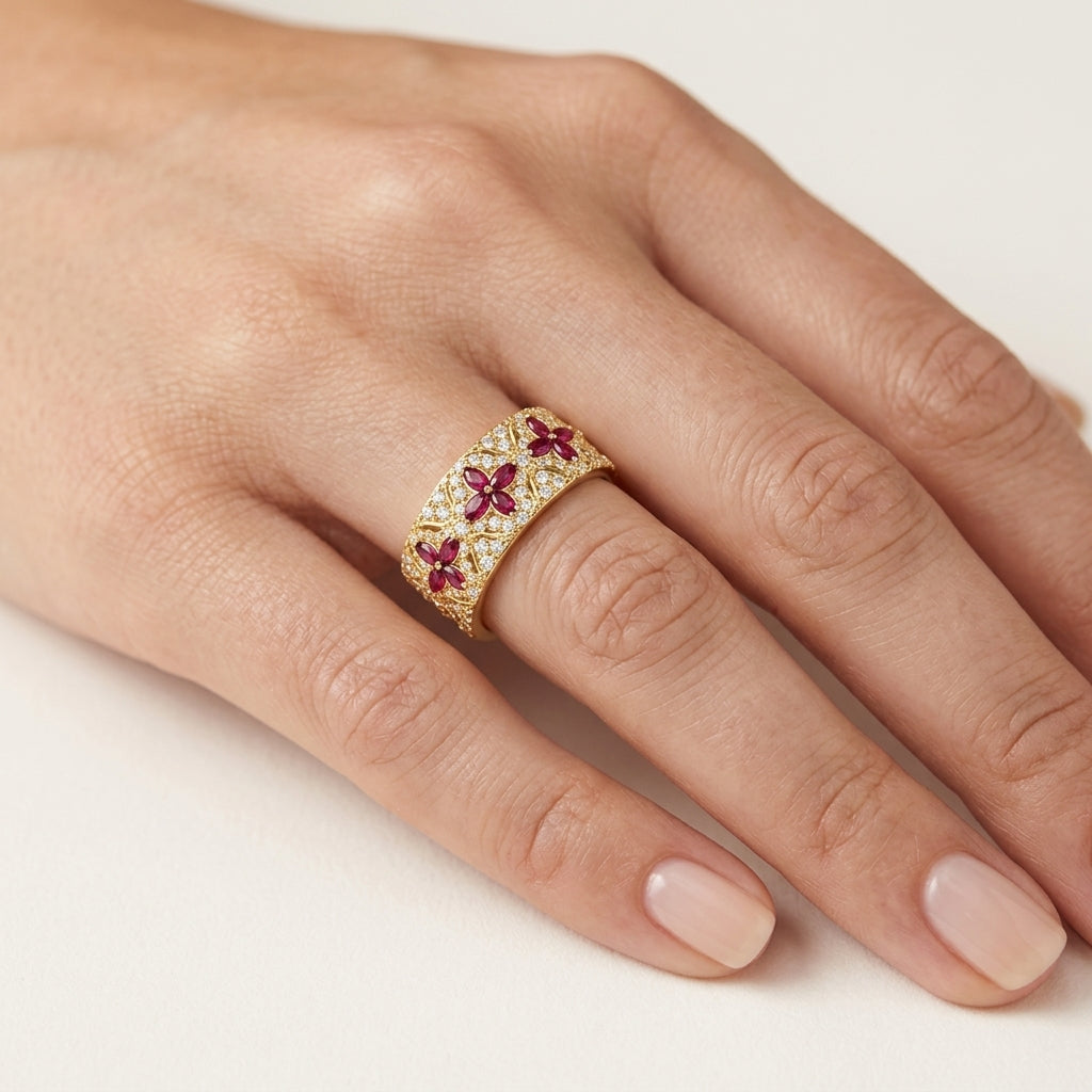 Stately Diamond & Ruby Ring worn by model - Vicenza Miami