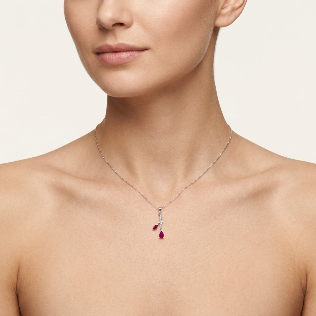 Classic Ruby & Diamond Pendant worn by model - Vicenza Miami