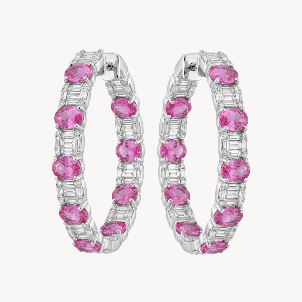 Pink Sapphire Emerald Cut Diamond Hoop Earrings