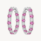Pink Sapphire Emerald Cut Diamond Hoop Earrings